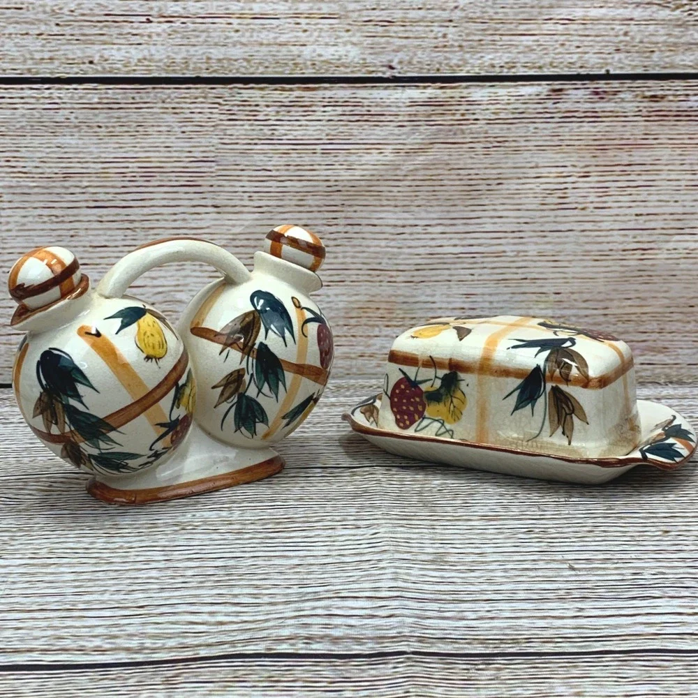 Vintage NASCO Hand Painted Fruit Ceramic Oil Vinegar Butter Dish